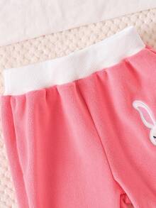 2pcs Baby Girls Cute Rabbit Embroidery Reversible Fleece Crew Neck Long Sleeve Top And Embroidered Detail Pants Children Winter Matching Set, Soft Plush Fabric Suitable For Outdoor