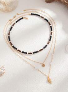 3pcs/Set Men's Retro Boho Style Shell Beaded Necklace, Creative Fashion Metal Spiral Sun Pendant Multi-Layered Necklace, Suitable For Daily And Beach Holiday Wear