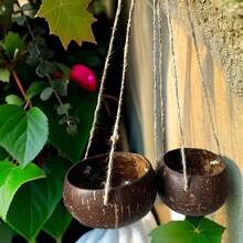 Maceta colgante de cáscara de coco, cáscara de coco natural, pulida a mano, cuerda para colgar, maceta, decoración retro de granja y restaurante, soporte para plantas, maceta para flores, canasta para flores - Café integral - Ver 4