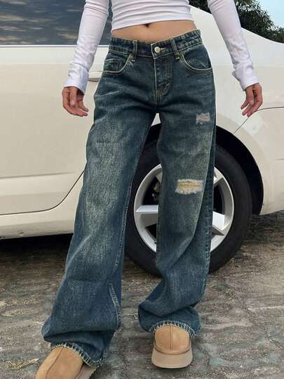 Jeans rectos de cintura baja, sueltos y rotos, estilo urbano y sexy para mujer, pantalones vaqueros casuales