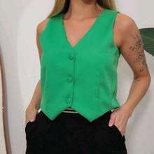 Women's Tailored Vest, Lined With Three Buttons, V-Neck - Green-flag - View 3