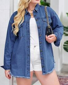 Vetinee Women's Oversized Button Up Frayed Hem Shacket Long Sleeve Pockets Denim Jean Jacket - 宵藍 - 查看 4