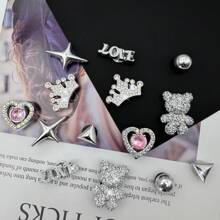 14pcs Silver Shiny Star, Teddy Bear, Crown Shoe Clips With Heart Shaped Faux Pearls, Multi-Functional Detachable Shoe Clips Suitable For Women Sandals, Slippers, Christmas, Birthday Party Gifts