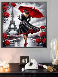 1 Set 5D Acrylic Diamond Painting Kit, Woman Under Umbrella With Eiffel Tower And Rose Flowers, Mosaic DIY Wall Art For Office, Bedroom, Living Room, Landscape Or Portrait Style Optional - Multicolor - View 5