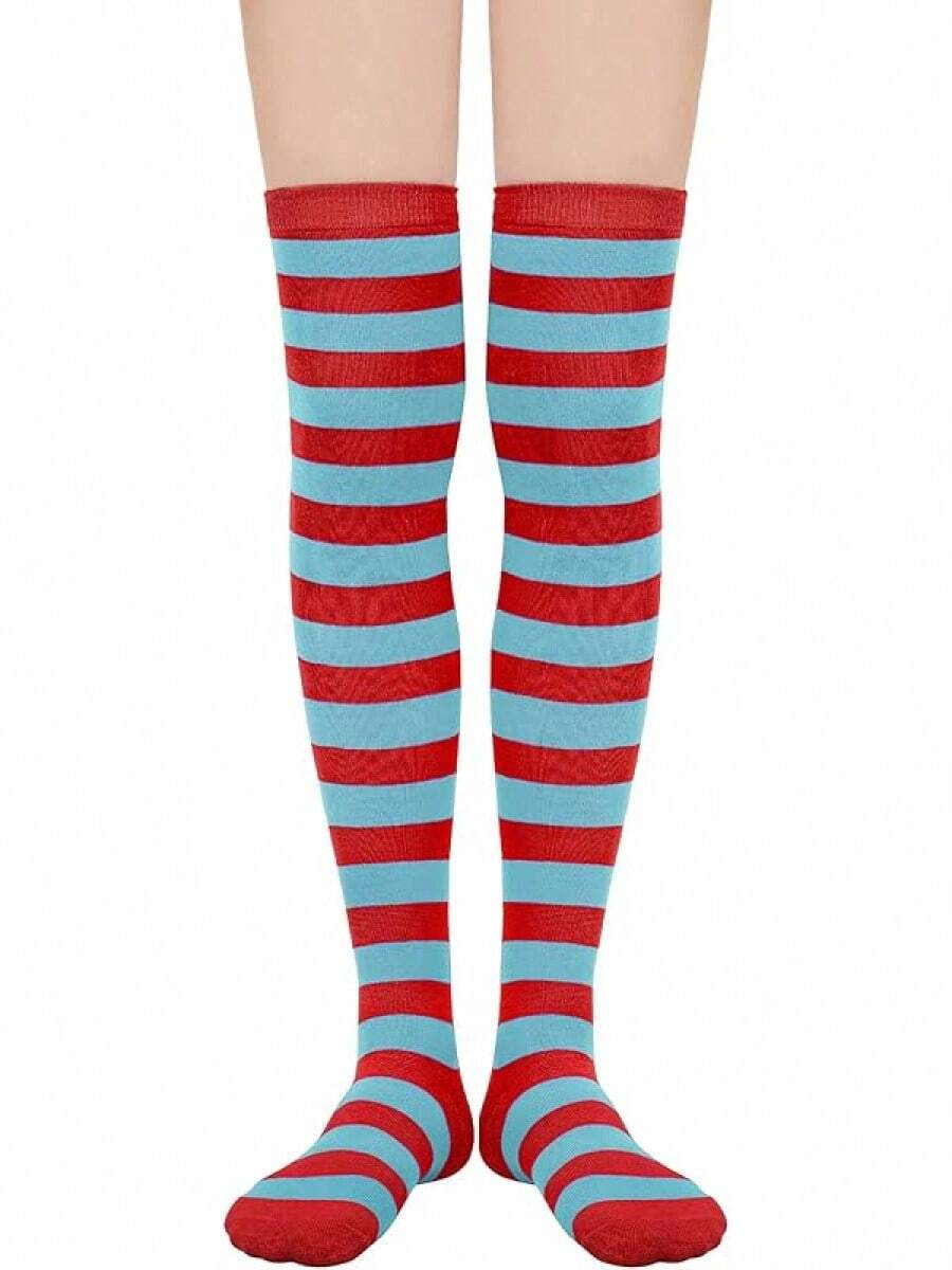 Womens Thigh High Socks Striped High Knee Socks Knee High Socks For Cosplay Long Socks Over The Knee Leg Warmers - Blue and Red Stripes - View 1