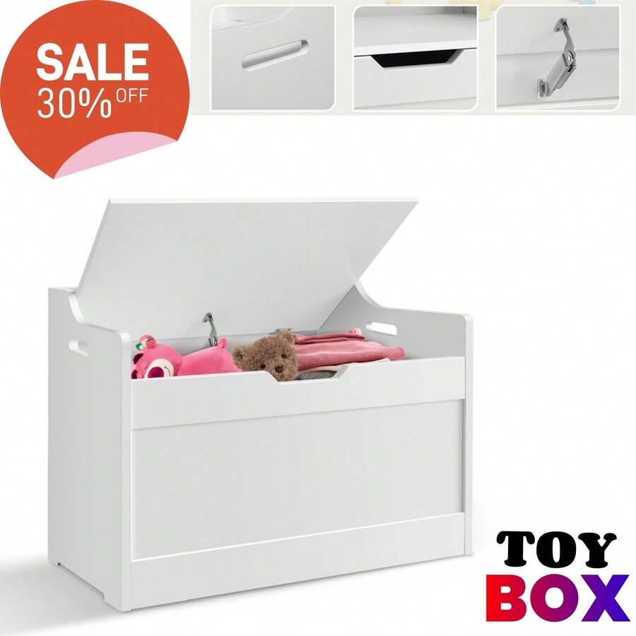 AutoFu Large Toy Box Room Storage White Wooden Bedroom Chest Lid Clothes Box, Toy Storage Organizer Chest Flip-Top Lid, Bedding Box Clothes Storage - White - View 1