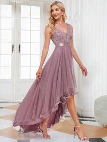 EVERPRETTY Embroidered Lace Mesh Asymmetrical Hem Evening Dress - Dusty Pink - View 4