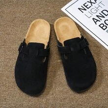 Women's Plus Size Slippers - Comfortable Lining, Thick Non-Slip Cork Sole, Half-Covered Design, Warm Fashionable Suede Mule Shoes, Clogs, Cork Insole Sandals, With Arch Support, Outdoor Beach Slippers, House Shoes - Black - View 2