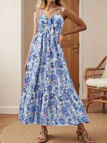 Women's Summer Long-Sleeved V Neck Dress Skin Friendly Soft And Comfortable Thin Shoulder Straps Flower Print Swing Set Regular Style Daily Date Party Vacation Versatile Long Skirt Fashionable And Comfortable