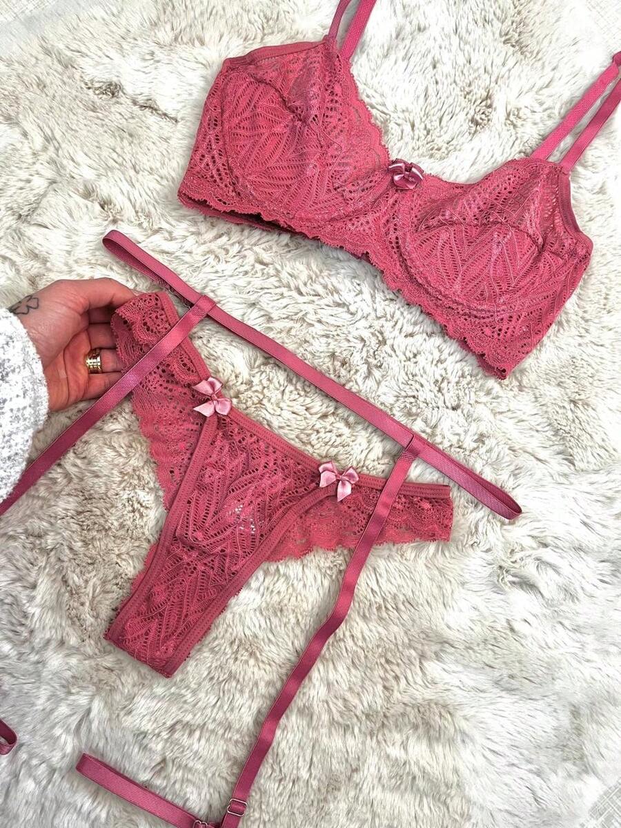 Sexy Lace Lingerie Set Kit With Bow Includes Simple Garter Belt Classic Sexy Lace Embroidery Sensual Sets - Bụi hồng - Xem 1