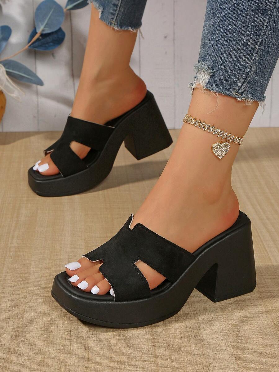女士厚底拖鞋，露趾粗跟高跟凉鞋，夏季新品 - 黑色 - 查看 1