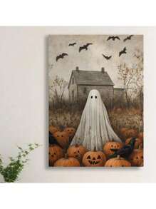 无框幽灵和南瓜万圣节艺术印刷品 - 复古鬼屋墙壁装饰，适合秋季和哥特式美学，适用于厨房浴室客厅复活节圣诞节万圣节生日派对装饰