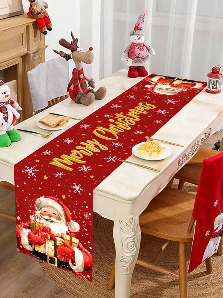 1pc 35x180cm Christmas Polyester Tablecloth, Santa Claus Polyester Tablecloth, Red Background Decorative Long Tablecloth, Christmas Merry Christmas Holiday Party Dining Table Coffee Table Long Cloth, Suitable For Home Holiday Atmosphere Decoration - Multicolor - View 1