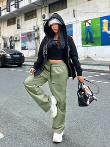 Green Elastic Waist Multi-Pocket Cargo Pants - Light Green - View 3