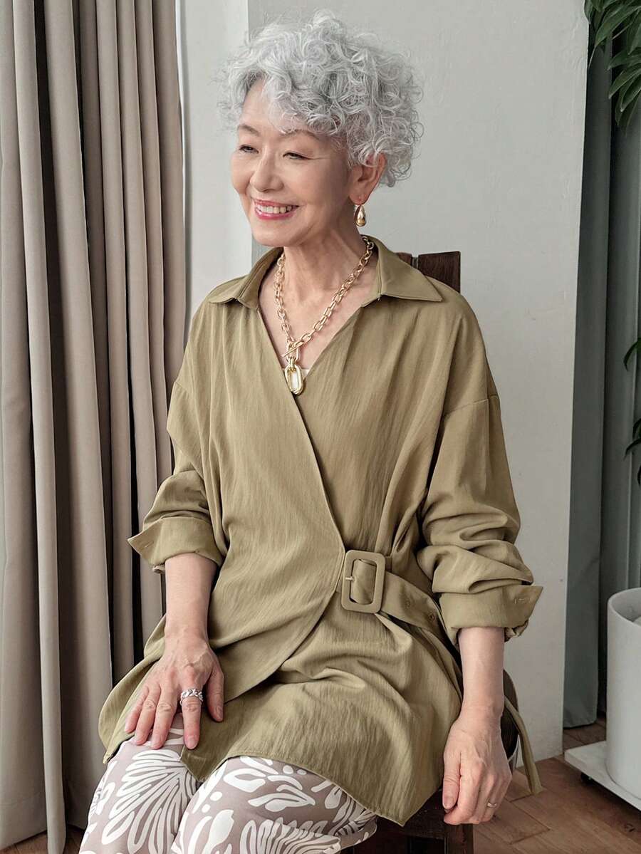 FRIFUL 女士休闲宽松纯色系带衬衫，翻领长袖，秋季 - 卡其色 - 查看 1