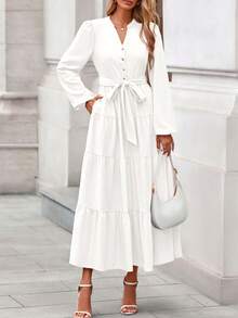 Women's  Fall Boho Maxi Dresses Long Sleeve V Neck Belted Ruffle A Line Long Flowy Dress With Pockets Fall Dresses For Women - 白色 - 查看 5