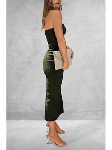 Women's Summer Bodycon Maxi Tube Dress Ribbed Strapless Side Slit Long Going Out Casual Elegant Party DressesHalloween Christmas New Year - 軍綠色 - 查看 2