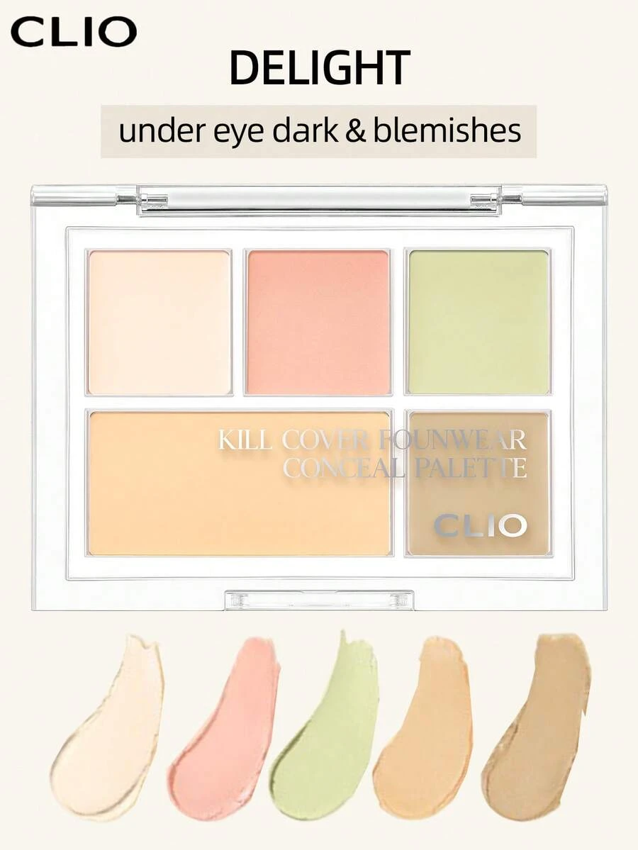 Clio K-Beauty KILL COVER FOUNWEAR 遮瑕調色盤,5色遮瑕混合盤,適用於黑眼圈、瑕疵、臉部膚色校正,質地柔軟平滑,敏感肌可用,輕盈、全遮瑕、保濕、提亮,淺沙色 - #DELIGHT - 查看 1
