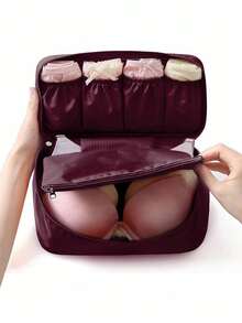 1pc Large Capacity Lingerie Storage Bag, Waterproof Travel Organizer - Burgundy - View 1