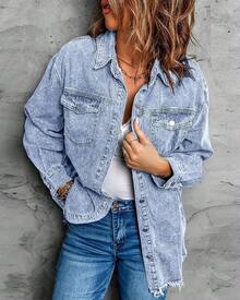Vetinee Women's Oversized Button Up Frayed Hem Shacket Long Sleeve Pockets Denim Jean Jacket - 路夜藍 - 查看 7