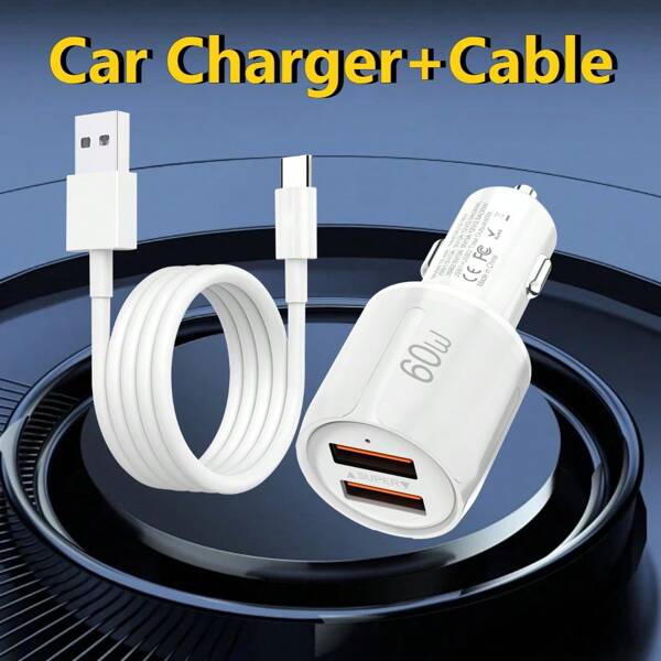 USB Car Charger, 60W Flush Adapter, Dual USB Port Fast Charging Car Plug Block ,With 1M Charging Cable ,For IPhone 15 14 13 Pro Max, Pixel 8 7 6 Pro,3A XL, Automobile USB A Port (Black)