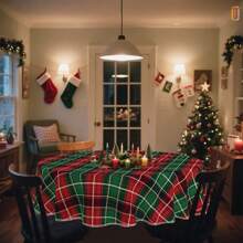 1/36 件圣诞红绿格子图案装饰数码印花桌布 - 矩形和圆形涤纶可洗桌布，适用于室内餐厅装饰、家庭聚会、礼物、节日派对、客厅、厨房、酒店宴会 - 格紋-紅綠 - 查看 7
