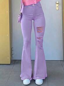 Women's Stretchy High Waist Bootcut Jeans - Vintage Retro Flared Denim Pants With Button Closure, Side Pockets & Distressed Hem For Casual Comfort - Màu tím - Xem 3