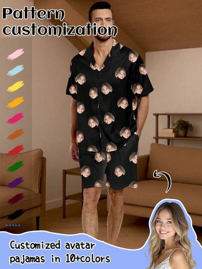 Printstory Customized Men/Women Portrait, Family Member, Pet, Cartoon, Holiday Themed Interesting Cardigan Pajama Set With Pockets, Holiday Gift