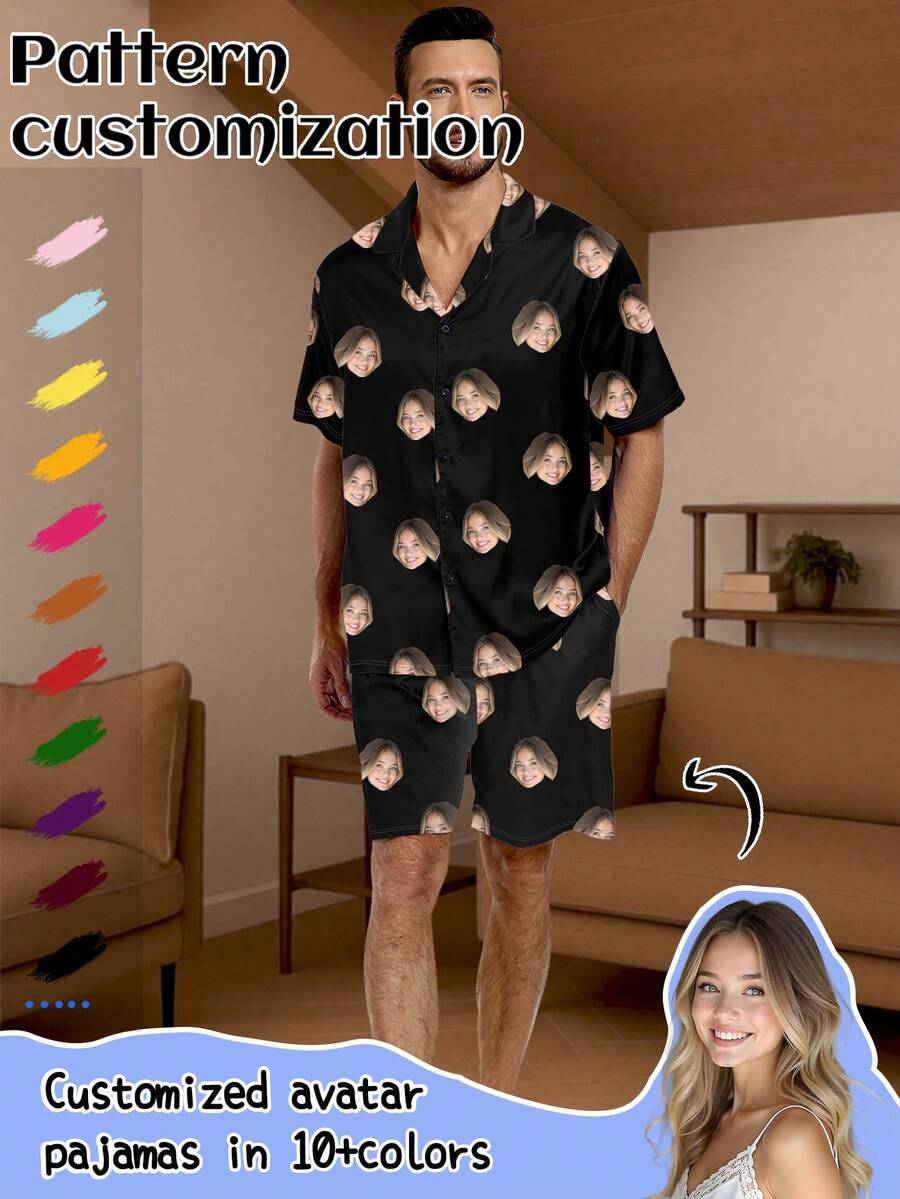 Printstory Customized Men/Women Portrait, Family Member, Pet, Cartoon, Holiday Themed Interesting Cardigan Pajama Set With Pockets, Holiday Gift - Multicolor - View 1