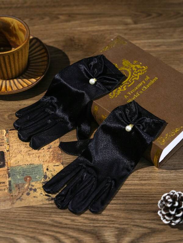 1 paire de gants en satin élégants et perlés pour femmes, convenant pour les mariages et les banquets de mariage