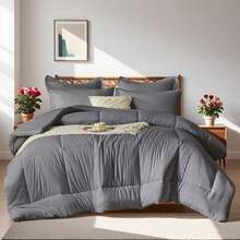 100% Microfiber 7 Pieces Chic Bed Comforter Set, Designed With Geometric Quilting, Suitable For Hotel Bedroom Room Decor, Suitable For All Four Seasons, Soft And Comfortable Summer Bedding Set, Including 1 Comforter, 4 Pillowcases, 1 Flat Sheet And 1 Fitted Sheet. - Màu xám đen - Xem 3