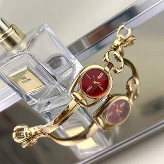 1 件女士法式马蹄扣合金表壳光滑手镯式链条，罗马数字表盘石英表，奢华淑女风格