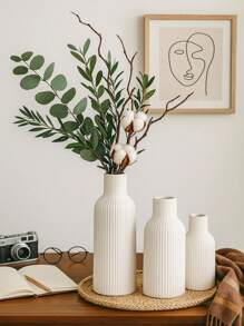 Minimalist Ribbed White Vases, 1/3pcs Decorative Faux Ceramic Look For Fall Home Decor, Modern Dried Flower Display, Great Gift For Living Room, Entryway, Dining Table Room Decor Flower Vase Glass Vase