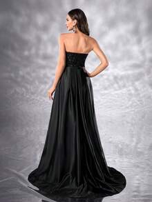 YISIKADO Pailletten-Kontrastkleid aus Satinstoff, trägerlos, mit Beinschlitz, Partykleid für Damen, Geburtstag, Abschlussball, Hochzeitsgast - Schwarz - Übersicht 3