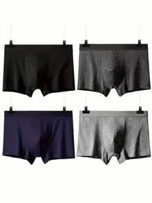 4pcs Men's Cotton Boxer Briefs - Breathable Stretch Comfort Waistband, Mid-Stretch Fabric, Solid Colors For Casual & Athletic Wear  Basics    Plain    Mid Rise - 混合顏色 - 查看 5