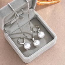 Single Pearl Necklace Earrings Set Silver Gold Plated, Classic Silver 14K Gold Plated Pearl Jewelry Set Adjustable Pearl Choker Necklace Pearl Drop Earrings Dainty Wedding Pearl Jewelry(Silver)