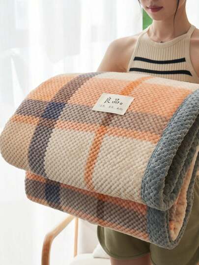 1 pieza Manta de terciopelo gruesa y cálida con ribete de jacquard a cuadros, suave y amigable con la piel, multiusos para oficina, sala de estar, dormitorio