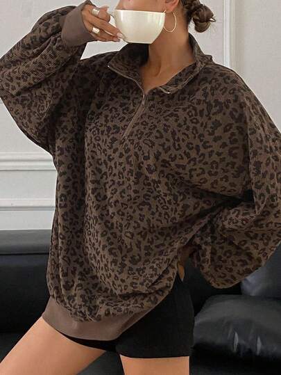 Plus Size Women Leopard Print Half-Zip Sweatshirt, Loose Streetwear Sweatshirt, Autumn/Spring