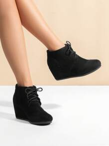 Women's Wedge Boots Casual Fashion Lace Up Low Heel Ankle Booties Shoes - Black - View 1