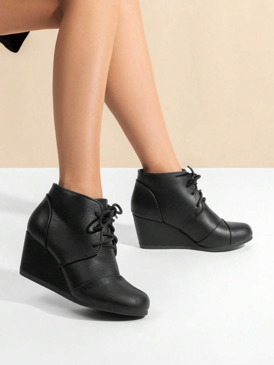 女性休閒時尚系帶低結婚鞋跟踝靴 - 黑色 - 查看 1