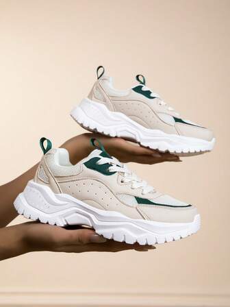 Women's Patchwork Contrast Color Casual Sports Shoes, Women's Lightweight Breathable Running Shoes, Women's Low-Top Lace-Up Sports Shoes, Women's Comfortable Soft-Sole Walking Shoes, Women's Fashionable Versatile Platform Chunky Sneakers