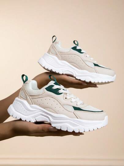 Giày thể thao thường ngày màu tương phản chắp vá cho nữ, Giày chạy bộ nhẹ thoáng khí cho nữ, Giày thể thao buộc dây cổ thấp cho nữ, Giày đi bộ đế mềm thoải mái cho nữ, Giày thể thao đế dày thời trang đa năng cho nữ