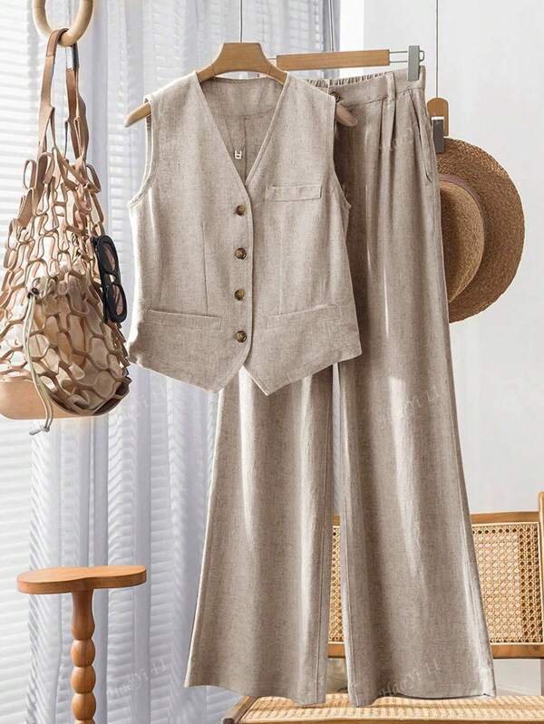 Women's Casual Resort Dual-Color Linen-Look Sleeveless Blazer & Wide Leg Pants Set, Spring/Summer