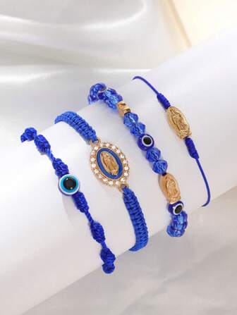 4pcs/Set Fashion Mexican Braclets Virgin Mary Cross Hand Woven Bracelet , Evil Eye Heart Beads Hand Woven Bracelet, Lucky Gift