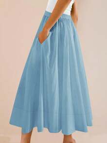 Womens A-Line Midi Skirt Elastic High Waist Pleated Flowy Swing Casual Long Skirt With Pocket - 淺藍色 - 查看 3