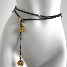 Vintage Bohemian Style Heavy Gold Coin Pendant Black Obsidian Beaded Necklace Long Layered Waist Chain For Women - 古著波西米亞風腰鏈 - 查看 3