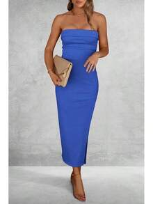 Women's Summer Bodycon Maxi Tube Dress Ribbed Strapless Side Slit Long Going Out Casual Elegant Party DressesHalloween Christmas New Year - 藍色 - 查看 7