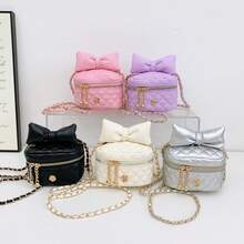 حقيبة صغيرة للبنات مزينة بفيونكة وسلسلة معينية، مصنوعة من مادة البولي يوريثان (بي يو) ، حقيبة كتف عبر الجسم جميلة، مناسبة للاستخدام اليومي في جميع المواسم