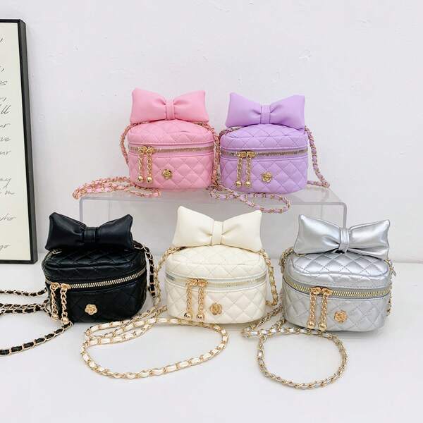 حقيبة صغيرة للبنات مزينة بفيونكة وسلسلة معينية، مصنوعة من مادة البولي يوريثان (بي يو) ، حقيبة كتف عبر الجسم جميلة، مناسبة للاستخدام اليومي في جميع المواسم