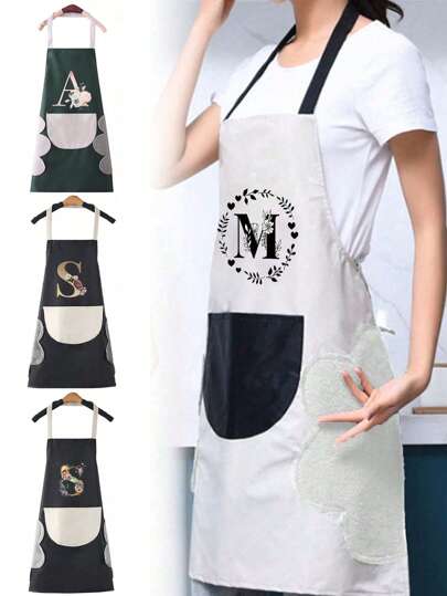 1 Stück wasserdichte und ölbeständige Schürze mit Mode-Initialdruck für Männer und Frauen, zum Händeabtrocknen geeignet, für Haushalt, Kochen, Reinigen - Unisex-Ärmellose Schürze für Küche, Badezimmer, Zuhause